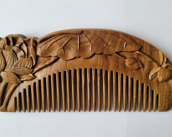 Hand-Carved Wood Comb, Lotus Pattern Comb, Araki Wooden Comb, Seamless Sandalwood Comb, Bridal Wedding Gift, Bridesmaid Gift 5.3"(13.5 cm)