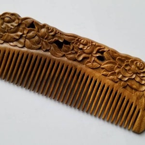 Hand-Carved Wood Comb, Birthday Day Gift Her, Anniversary Gift Wife, Rose Design Wooden Comb, Sandalwood Comb, Bridal Shower Gift 6&quot;/15.5cm