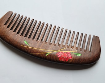 Handbemalte Lotus Blume Holzkamm | Breiter Zahnkamm 15,5 cm