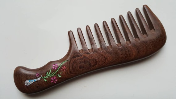 Hand Painted Floral Reverie Wood Comb, Wide Tooth Detangling for Curly Hair 7.3"/18.5cm