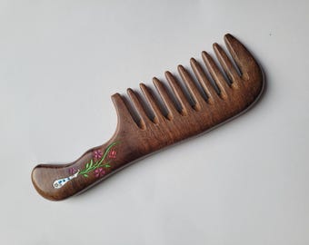 Hand Painted Wood Comb, Wide Tooth, Detangling Comb for Curly Hair 7.3"/18.5cm