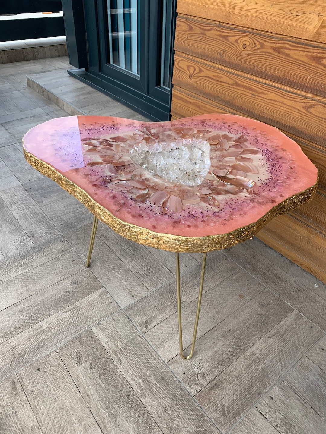 Mother of Pearl Resin Side Table: Pink Quartz Geode Coffee Table