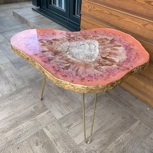 Mother of pearl resin table, resin side table, resin coffee table, pink epoxy table, side table, pink designer table