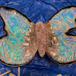 May include: A butterfly-shaped resin sculpture with iridescent wings and a center filled with pink and white crystals.
