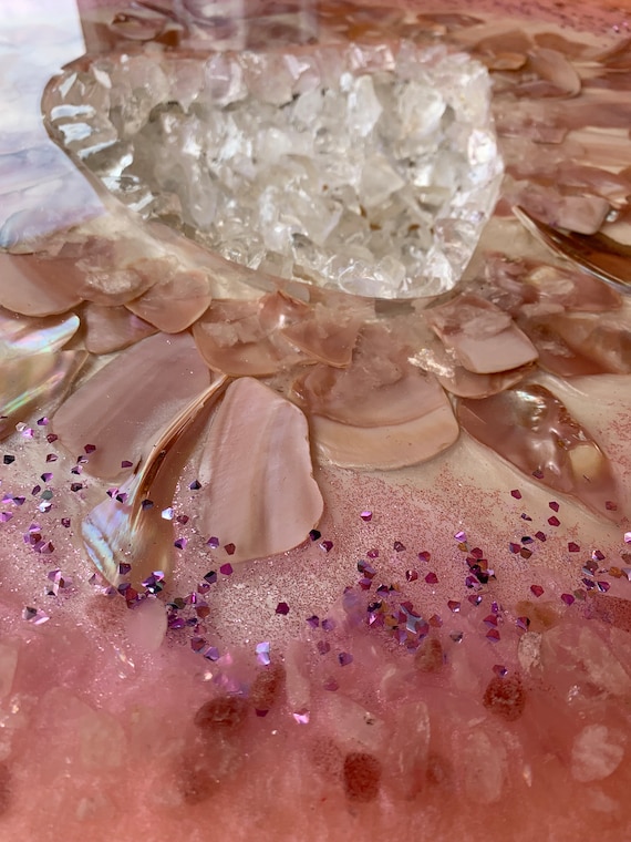 Mother of Pearl Resin Side Table: Pink Quartz Geode Coffee Table