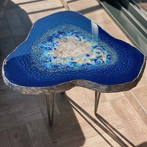 Blue geode table, blue epoxy coffee table, geode table, live edge table, side table, designer table