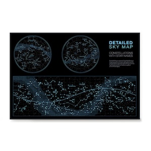 Póster de mapa del cielo muy detallado: constelaciones con nombres de estrellas; impresión de arte de pared para la decoración de la escuela, el hogar, la oficina y el aula