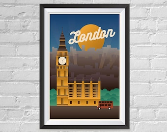 Retro World Famous City Posters - Vintage, Retro Travel Poster Printing - Wall Art Print for Home Office - London, England