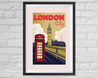 Retro World Famous City Posters - Vintage, Retro Travel Poster Printing - Wall Art Print for Home Office - London, England