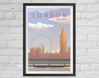 Retro World Famous City Posters - Vintage, Retro Travel Poster Printing - Wall Art Print for Home Office - London, England