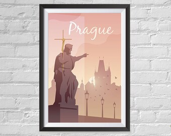 Retro World Famous City Posters - Vintage, Retro Travel Poster Printing - Wall Art Print for Home Office - Prague, Czech Republic