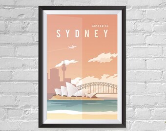 Retro World Famous City Posters - Vintage, Retro Travel Poster Printing - Wall Art Print for Home Office - Sydney, Australia