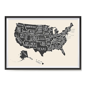 USA Maps with States Details Posters - Poster Printing - Wall Art Print for Home School, Classroom, Office Decor - Black and White