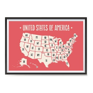 USA Karten mit Staaten Details Poster - Posterdruck - Wand Kunstdruck für Home School, Klassenzimmer, Büro Dekor - rot weiß