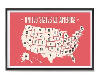 USA Maps with States Details Posters - Poster Printing - Wall Art Print for Home School, Classroom, Office Decor - Red White