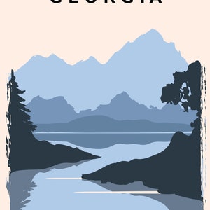 May include: A minimalist art print featuring a scenic landscape of Georgia. The design showcases a lake and mountains in shades of blue and gray, with the word "GEORGIA" at the top. The background is a soft beige.