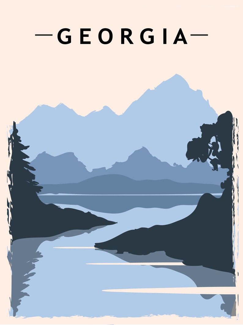 May include: A minimalist art print featuring a scenic landscape of Georgia. The design showcases a lake and mountains in shades of blue and gray, with the word "GEORGIA" at the top. The background is a soft beige.