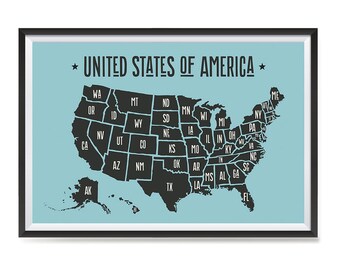 USA Maps with States Details Posters - Poster Printing - Wall Art Print for Home School, Classroom, Office Decor - Blue Black