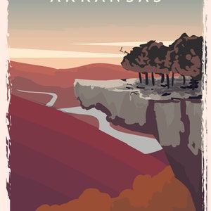May include: A vintage-style travel poster for Arkansas. The poster features a scenic landscape with a river winding through red and purple mountains. The word "ARKANSAS" is printed in white at the top, with a light blue and orange sky.