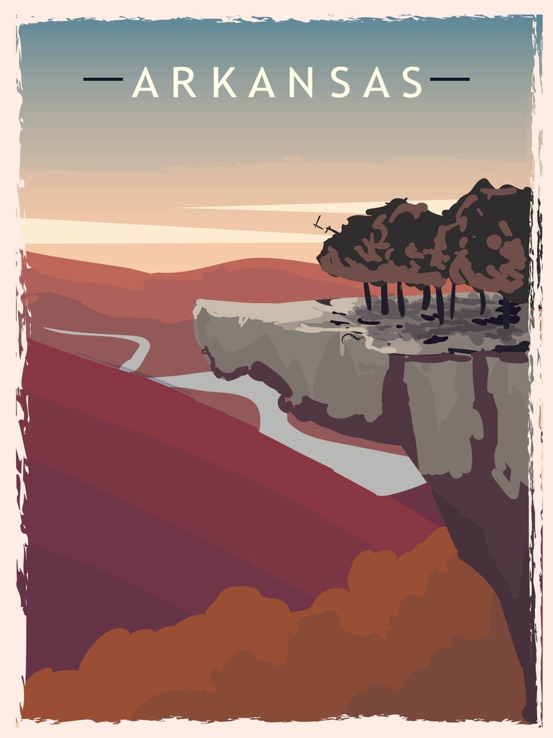 May include: A vintage-style travel poster for Arkansas. The poster features a scenic landscape with a river winding through red and purple mountains. The word "ARKANSAS" is printed in white at the top, with a light blue and orange sky.