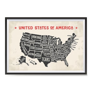 USA Maps with States Details Posters - Poster Printing - Wall Art Print for Home School, Classroom, Office Decor - Red Title