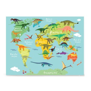 May include: A vibrant dinosaur world map with dinosaur illustrations on each continent. The map has the names of the oceans and continents in white text against a light blue background. The dinosaurs are in various colors.