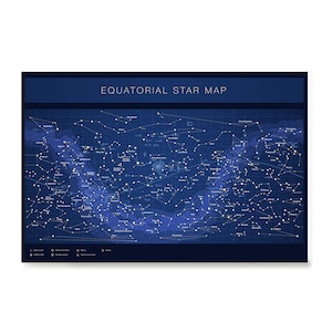 Cartel de mapa de estrellas ecuatorial altamente detallado - Constelaciones con nombres de estrellas - Impresión de arte de pared para la decoración de aula de la oficina del hogar de la escuela - azul