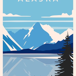 May include: A vintage-style travel poster featuring a scenic view of Alaska. The poster showcases snow-capped mountains, a serene lake, and a silhouetted evergreen tree. The word "ALASKA" is displayed in white block letters against a light blue sky.