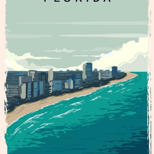 May include: A vintage-style travel poster featuring the word "FLORIDA" above a coastal scene. The artwork depicts a beach, ocean, and a skyline of buildings in shades of blue, teal, and beige, with a distressed border.