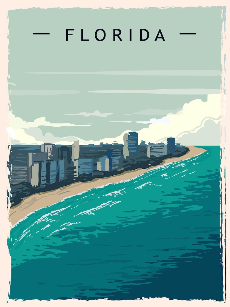 May include: A vintage-style travel poster featuring the word "FLORIDA" above a coastal scene. The artwork depicts a beach, ocean, and a skyline of buildings in shades of blue, teal, and beige, with a distressed border.