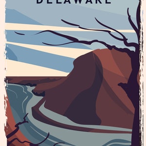 May include: Vintage-style travel poster featuring a landscape of Delaware. The poster has a distressed look with the word "DELAWARE" at the top. The scene depicts a river winding through a canyon, with a tree silhouette in the foreground.
