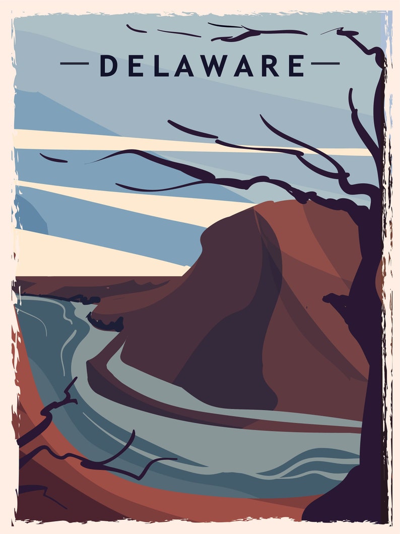 May include: Vintage-style travel poster featuring a landscape of Delaware. The poster has a distressed look with the word "DELAWARE" at the top. The scene depicts a river winding through a canyon, with a tree silhouette in the foreground.