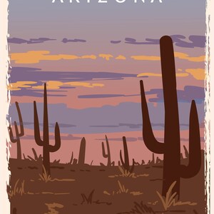 May include: A vintage-style poster featuring a desert landscape with saguaro cacti under a sunset sky. The word "ARIZONA" is displayed in white block letters at the top. The color palette includes shades of brown, purple, orange, and blue.