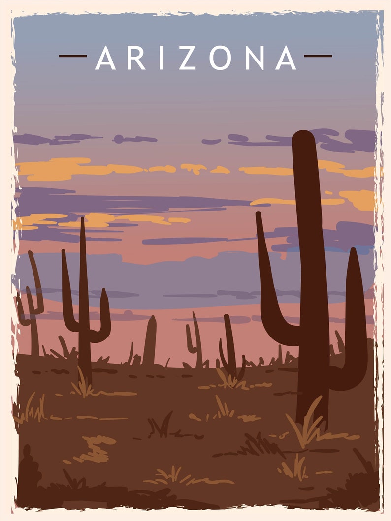 May include: A vintage-style poster featuring a desert landscape with saguaro cacti under a sunset sky. The word "ARIZONA" is displayed in white block letters at the top. The color palette includes shades of brown, purple, orange, and blue.