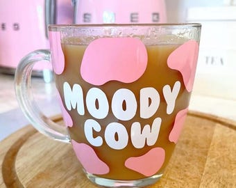 Moody Cow Glass Mug 300ml - Personalised Mug- Cow Print Mug - Cow Print - Tea Coffee - Animal Print