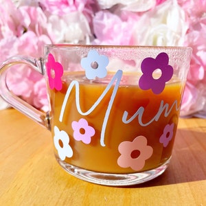 Personalised Mug Mum Mug Mothers Day Mug Flower Mug Personalised Glass Personalised Glass Mug Mummy gift Nan Glass image 1