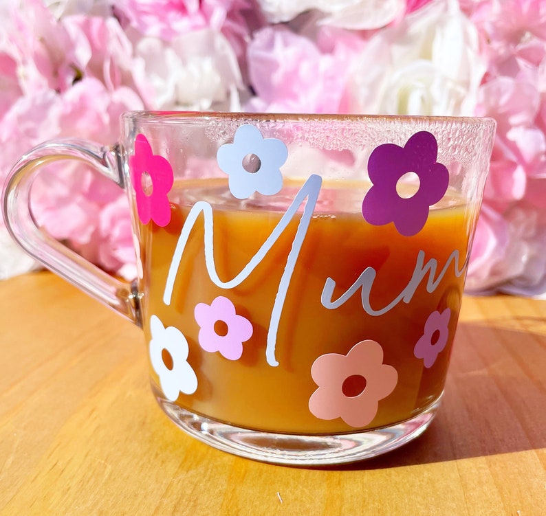 Personalised Mug Mum Mug Mothers Day Mug Flower Mug Personalised Glass Personalised Glass Mug Mummy gift Nan Glass image 1