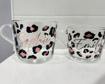 Personalised mug leopard print design - personalised mug - matching small and large mugs - glass mugs - leopard print glass - Mother’s Day