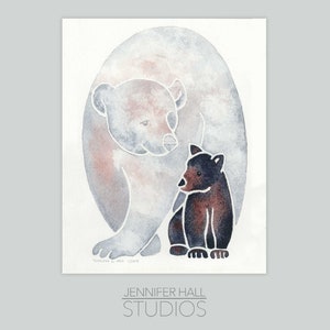 Little Bear Big Bear, Estampado de acuarela, Tarjeta de felicitación en blanco, Guardería para bebés, Mama Bear, Naturaleza, Memorial, Ángel de la guarda, Padre militar