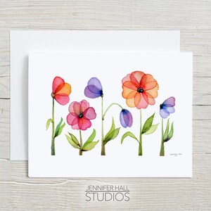 Bloemen, Notitiekaart, aquarel, Moederdagkaart, tuin, vriendin, vriendschap, kleurrijk, blanco notitiekaart, blanco kaart, kaartenset