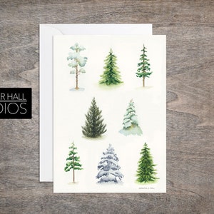 Campionatore di alberi invernali, biglietto d'auguri artistico, acquerello, biglietto d'auguri vuoto, biglietto, pini, natura, alberi innevati, biglietto d'auguri sulla natura, pino innevato