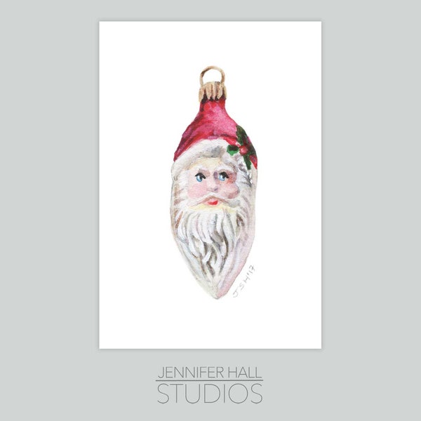 Glass Santa Ornament, Blank Greeting Card, Wall Art, Note Card, Watercolor Print, Christmas, Christmas Ornament, Santa Claus, Glass Ornament