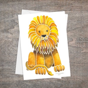 León, tarjeta de nota artística, acuarela, tarjeta de felicitación en blanco, tarjeta de notas, guardería, leo, rugido, tarjeta de nota de animal, melena de león, león de dibujos animados, gran felino