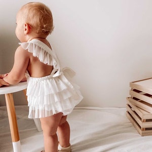 Luella Ruffle Bum Baby Girl  Romper-White First Birthday-Cake Smash-Photo Shoot Outfit
