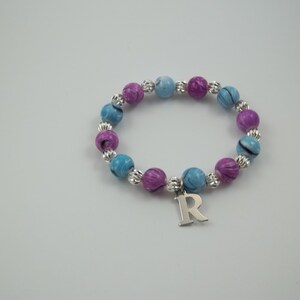 Stretch Initial Bracelet Boho Personalize Purple Blue Swirls Silver Girls Teens Women Capital Initial Gift Idea Stocking Stuffer SecretSanta