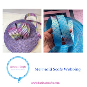 May include: Two rolls of mermaid scale webbing, one in blue and one in pink, yellow, and green. The webbing is a woven fabric with a mermaid scale pattern. The text "Mermaid Scale Webbing" is visible below the image.