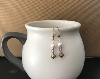 Pearl, Purple, and Gold Earrings