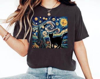Starry Night Cat Shirt, Vincent Van Gogh Style Cat Shirt, Black Cat Lover Comfort Colors Shirt, Funny Cat Shirt