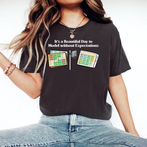 May include: Dark gray t-shirt with the text "It's a Beautiful Day to Model without Expectations." The shirt features a graphic of a periodic table and a calculator. The shirt is made of a soft material.