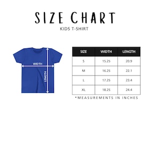 The image is a size chart for a kids' t-shirt, showing the measurements for different sizes in inches.
